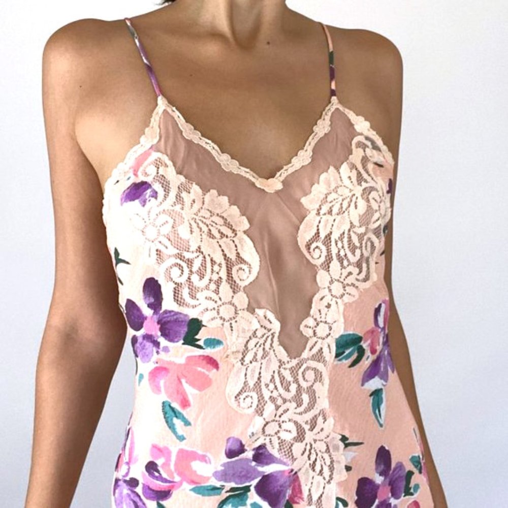 Vintage Peach Floral Ruffle Lace Mini Slip Dress - Picture 4 of 12